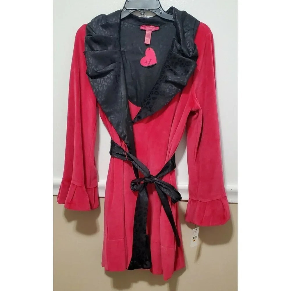 Betsey Johnson Boujie Plush Velour Pink Black Robe ** READ